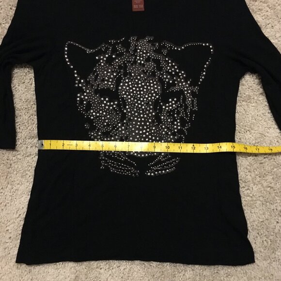 Olsen Europe Metal Studded Big Cat Head Black Shirt - Picture 12 of 15